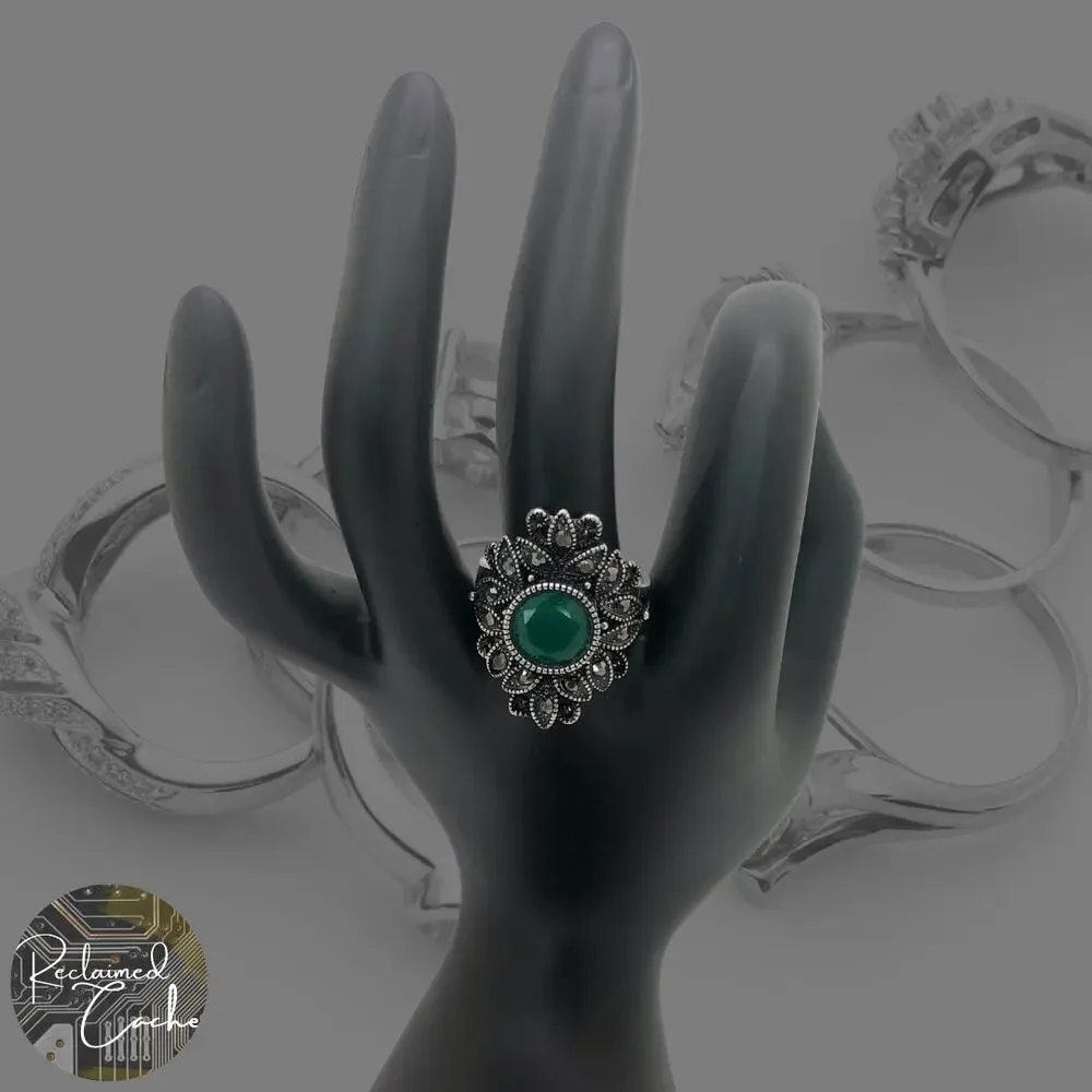Silver and Green Rhinestone Statement Ring - Size 9